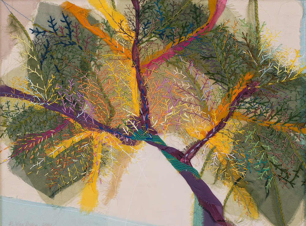 Purple, green, and yellow fabric and stitching arranged to create an image of a branch with leaves.