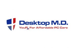 Blue and red shield with a white cross running through the middle. With the words "Desktop M.D. Your RX for Affordable PC Care"